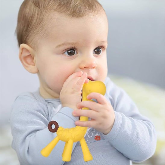 bébé joue avec anneau de dentition giraffe