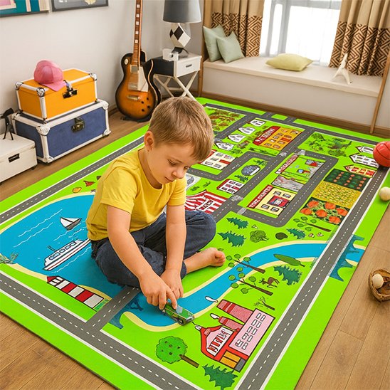 enfant joue au voiture tapis de jeu 