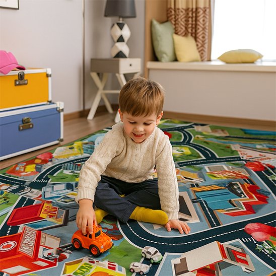 enfants joue au camion sur tapis de jeu
